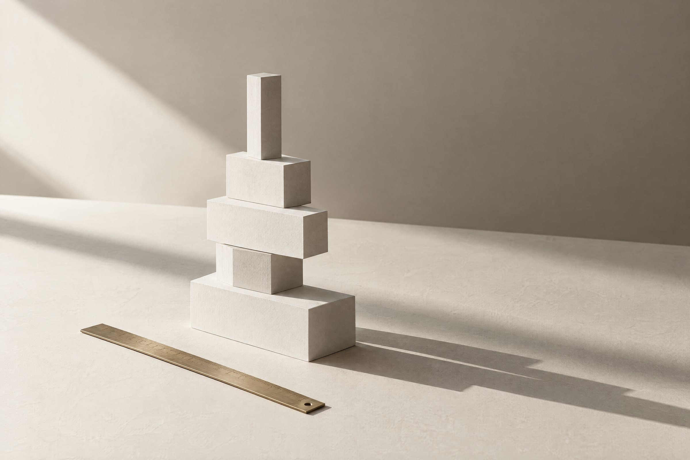 White blocks stacked into an ascending structure beside a brass ruler