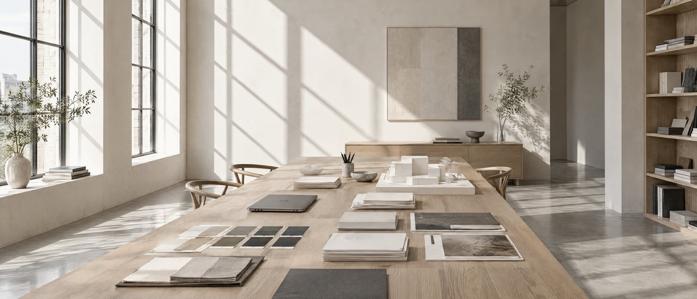 A light-filled studio with brand materials arranged on a long oak table